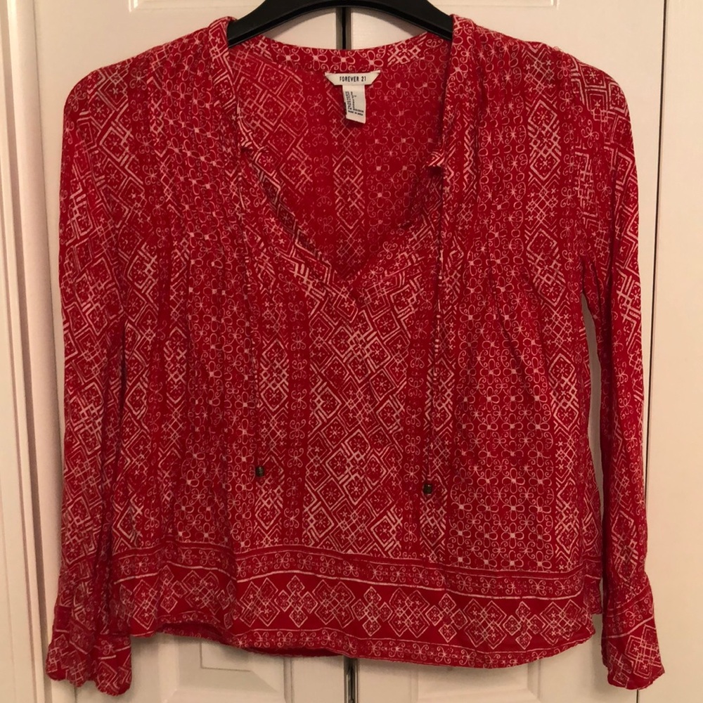 Flowy Red And White Print Forever 21 Shirt